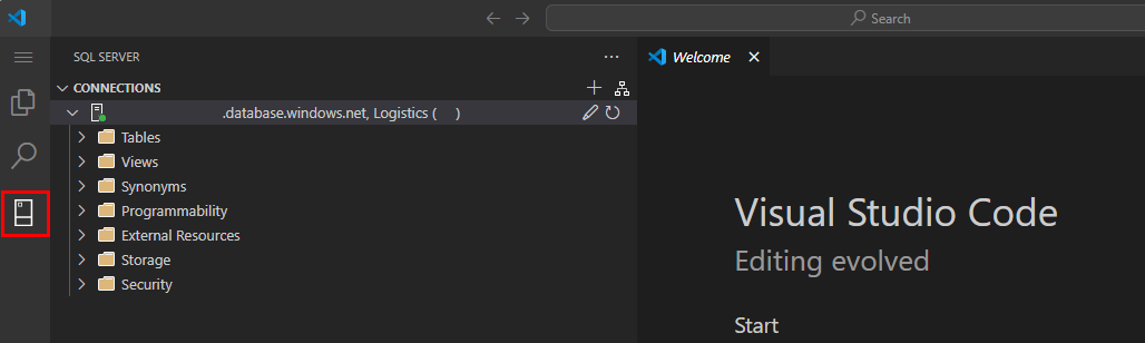 Captura de pantalla de la extensión mssql de VS Code con el servidor conectado y los objetos de base de datos visualizados.