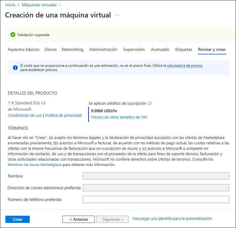 Captura de pantalla en la que se muestra la pestaña Revisar y crear del Asistente para crear una máquina virtual.