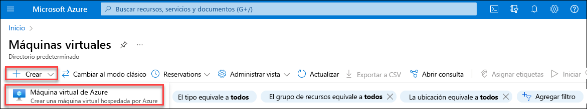 Captura de pantalla que muestra el menú Crear y la opción Máquina virtual de Azure.