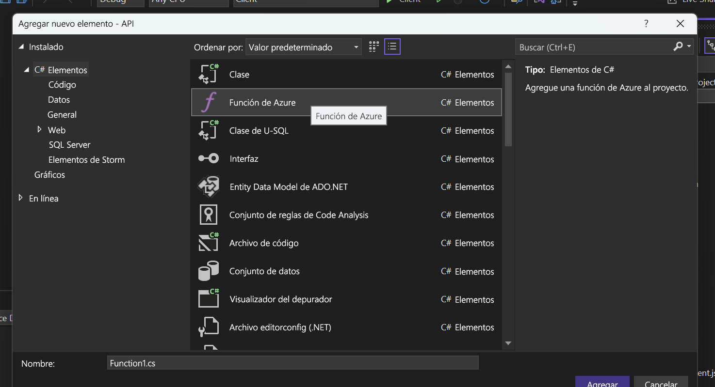 A screenshot showing the Azure function item selected.