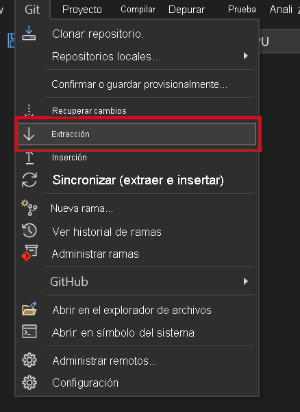 Captura de pantalla que muestra dónde extraer los cambios de GitHub.