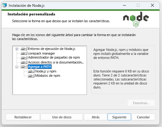 Captura de pantalla que muestra la instalación personalizada de las opciones de Node.js en el asistente.