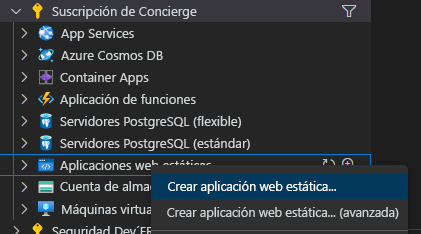 Captura de pantalla que muestra dónde ir para crear una aplicación web.