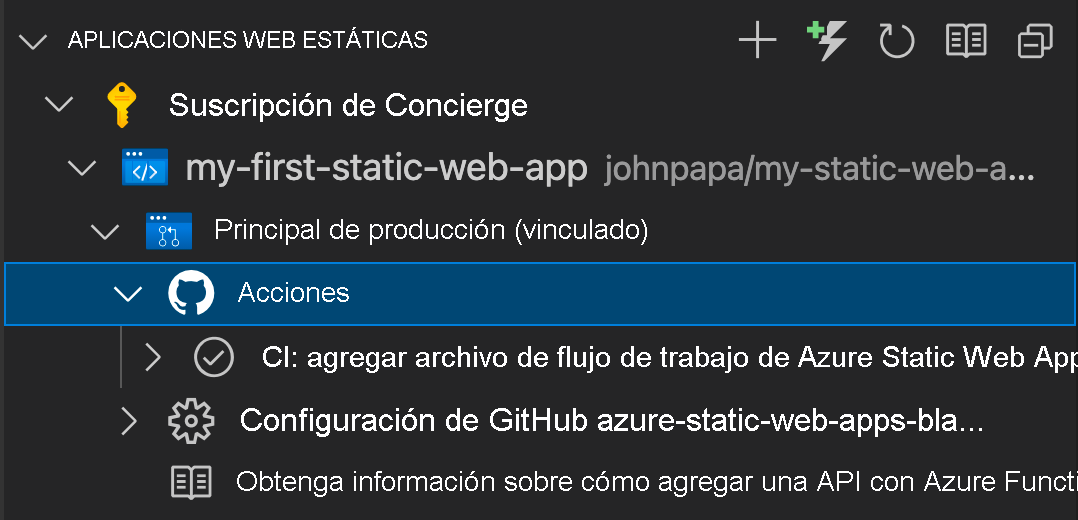 Captura de pantalla que muestra cómo comprobar el progreso con Acciones de GitHub.