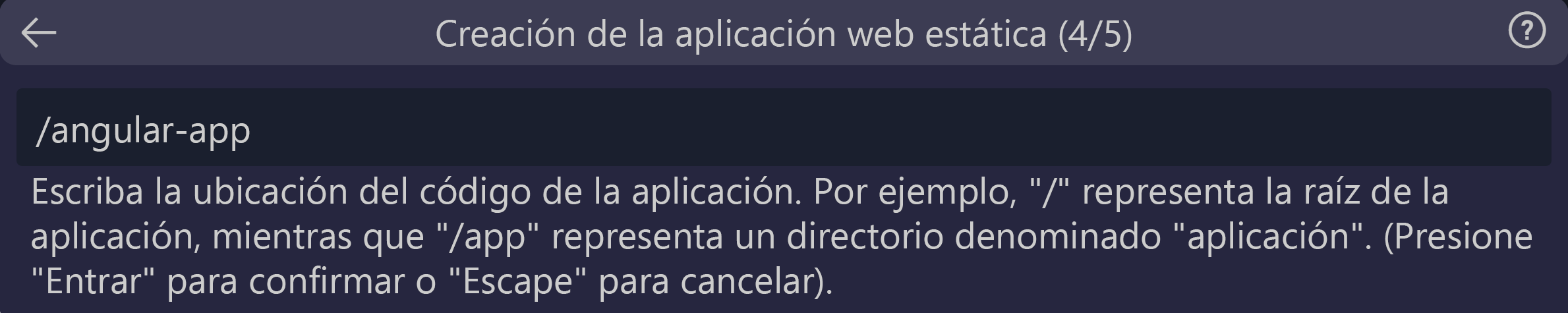 Captura de pantalla que muestra la ubicación del código especificada como aplicación de Angular.