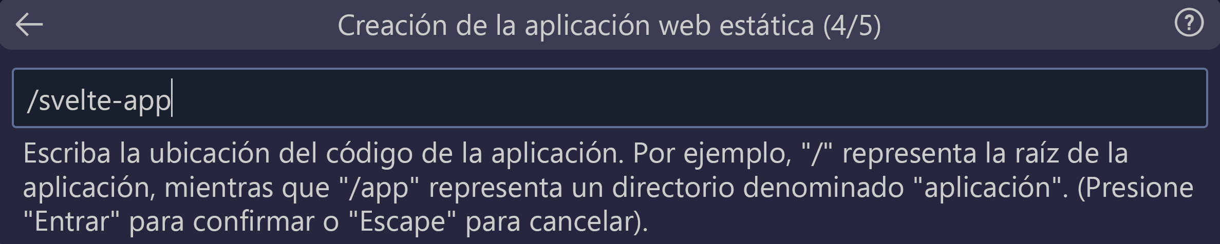 Captura de pantalla que muestra la ubicación del código especificada como aplicación de Svelte.