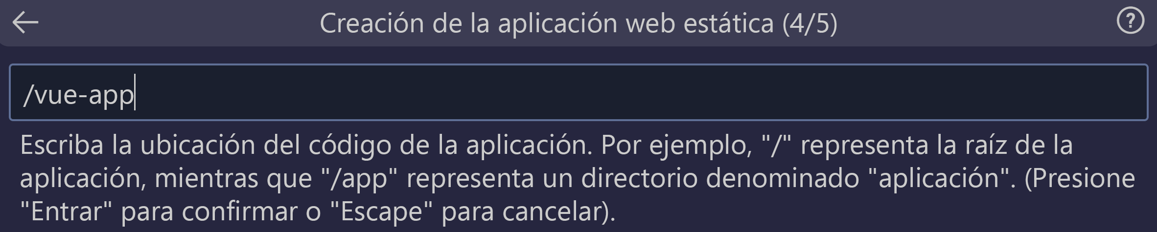 Captura de pantalla que muestra la ubicación del código especificada como aplicación de Vue.