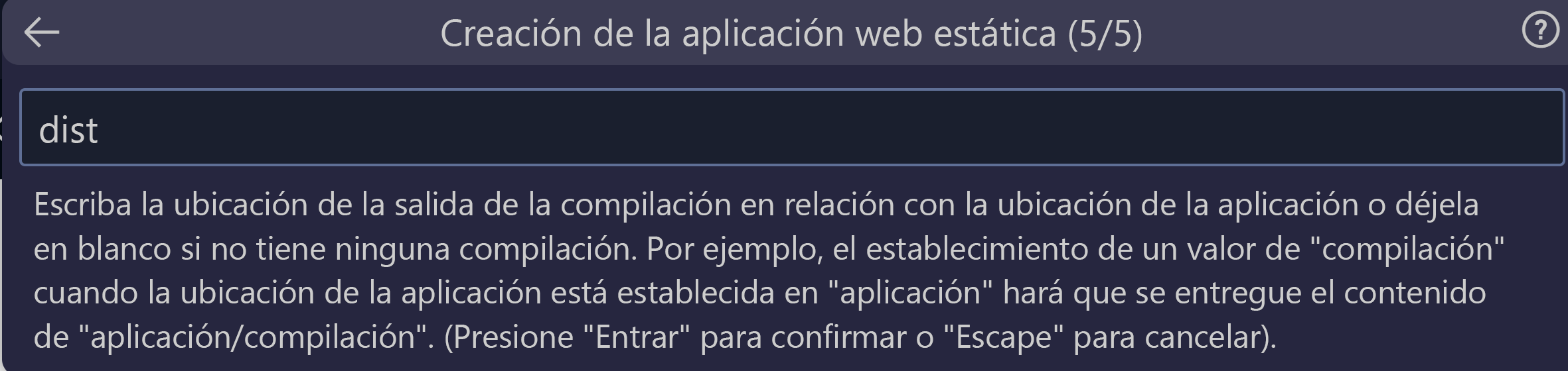 Captura de pantalla que muestra cómo especificar la ubicación de salida de compilación para Vue