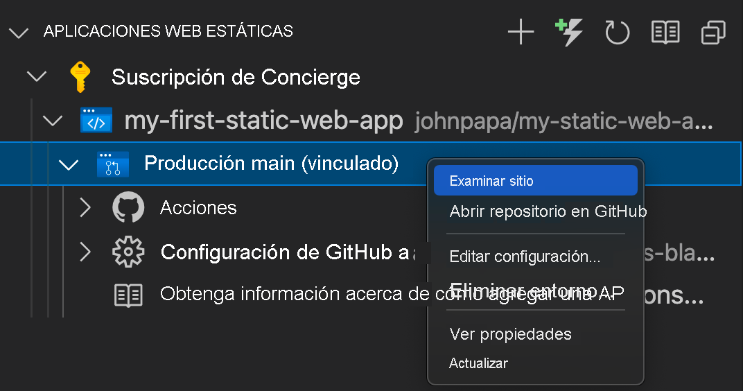 Captura de pantalla que muestra cómo ir al sitio de la aplicación web estática.