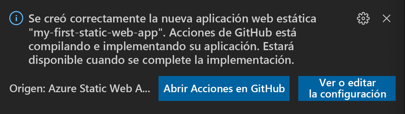 Captura de pantalla del código de confirmación que pide al usuario que abra acciones en GitHub o Ver o editar configuración.