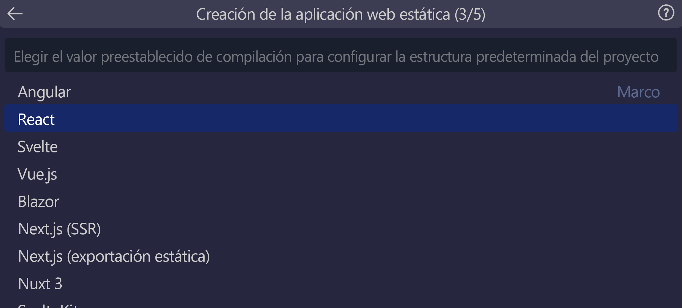 Recorte de pantalla en el que se muestra la opción React seleccionada.