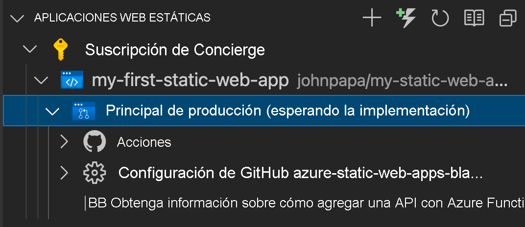 Captura de pantalla de la interfaz de usuario de VS Code que muestra la espera de la implementación.