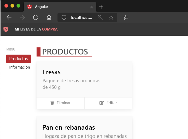 Captura de pantalla que muestra la aplicación de ejemplo de Angular