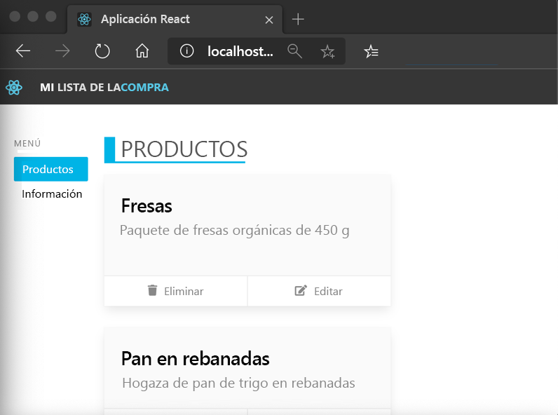 Captura de pantalla que muestra la aplicación de ejemplo de React.