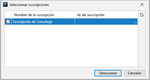 Captura de pantalla del cuadro de diálogo Seleccionar suscripción de Azure.