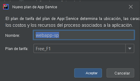 Captura de pantalla del cuadro de diálogo Crear plan de App Service.