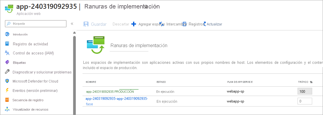 Captura de pantalla de intercambio de ranuras de implementación mediante Azure Portal.