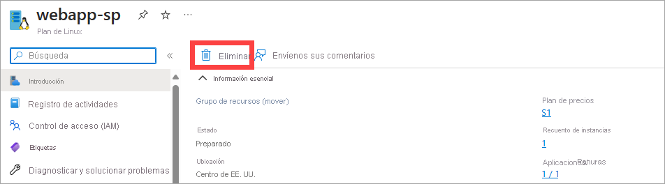 Captura de pantalla del portal de Azure. El usuario está eliminando el plan de servicio de la aplicación.