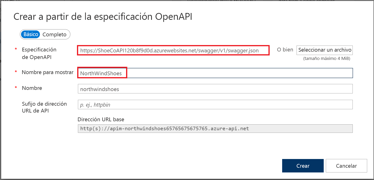 Screenshot of create from OpenAPI specification import settings with OpenAPI specification and display name fields highlighted.