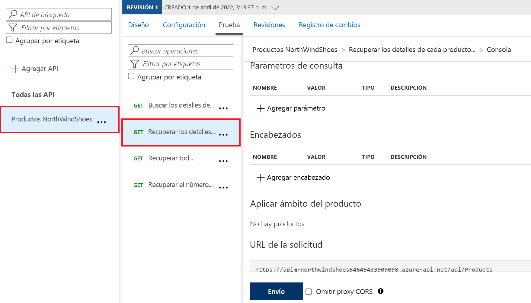 Screenshot of Azure portal API configuration showing a highlighted GET request test on an imported API.