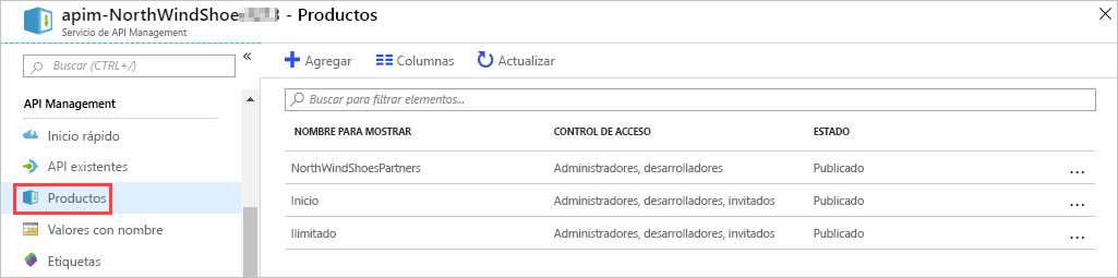 Screenshot of Azure portal showing API Management with products section highlighted.