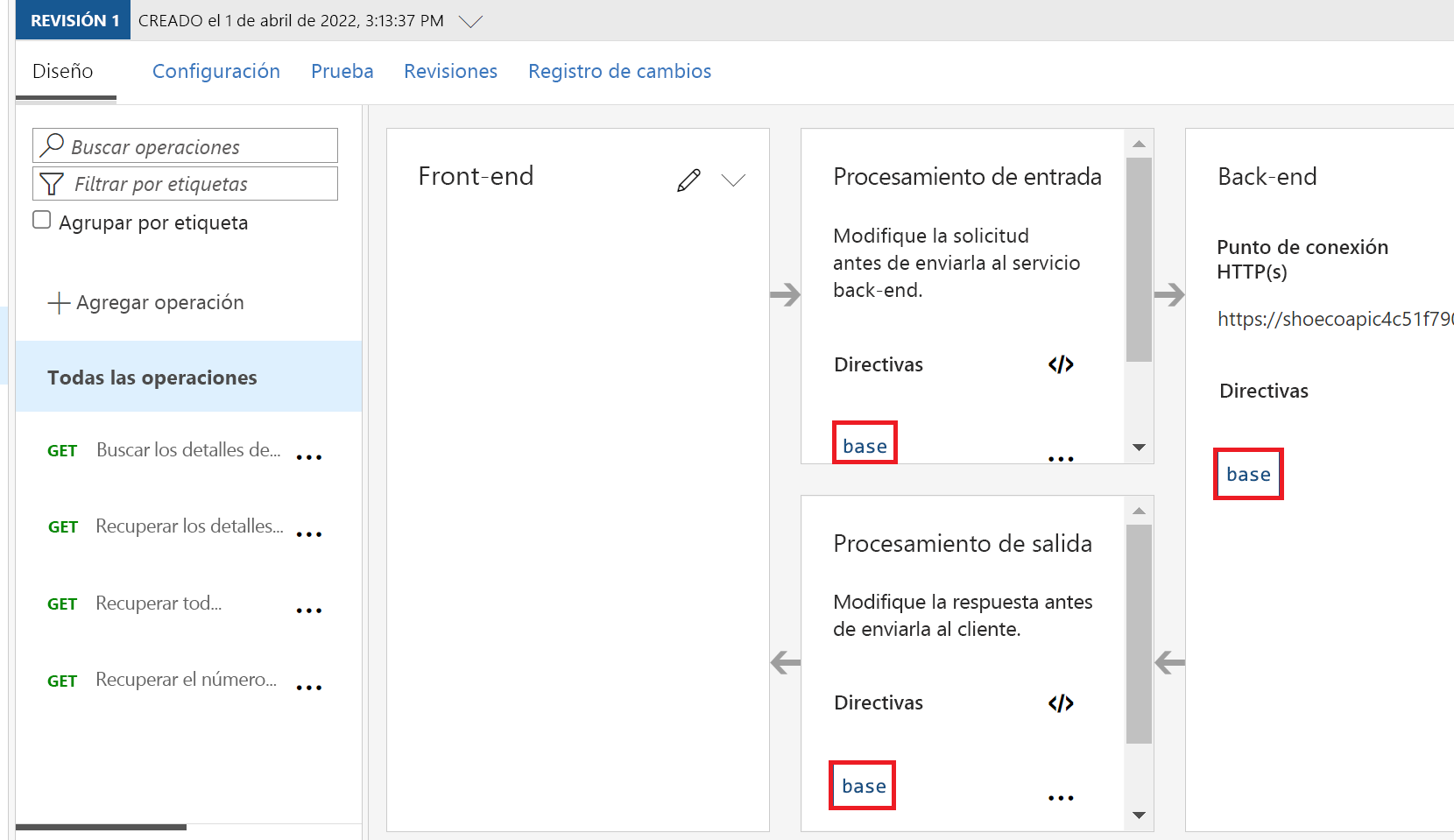 Screenshot of Azure portal showing API configuration for all operations with base policies highlighted for inbound, outbound, and backend sections.