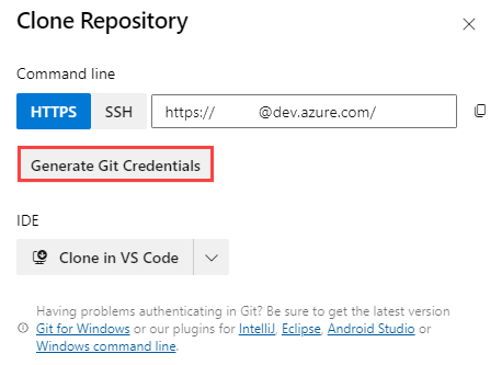 Captura de pantalla de Azure DevOps que muestra la configuración del repositorio, con el botón Generar credenciales de Git resaltado.