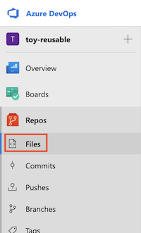 Captura de pantalla de Azure DevOps en la que se muestra el menú Repos (Repositorios) con la opción Files (Archivos) resaltada.