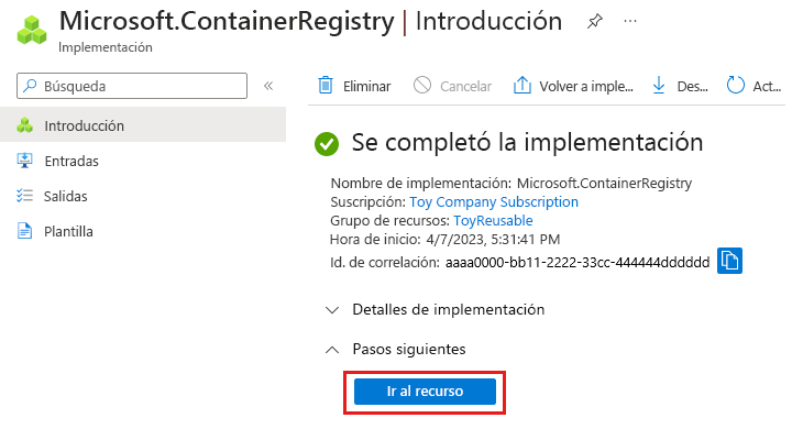 Captura de pantalla de Azure Portal que muestra la implementación del registro de contenedor, con el botón para ir a un recurso resaltado.