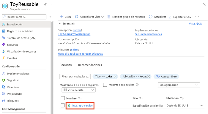 Captura de pantalla de Azure Portal que muestra el grupo de recursos, con la especificación de plantilla resaltada.