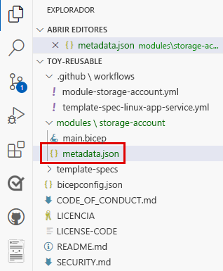 Captura de pantalla de Visual Studio Code que muestra la ubicación del archivo JSON de metadatos.