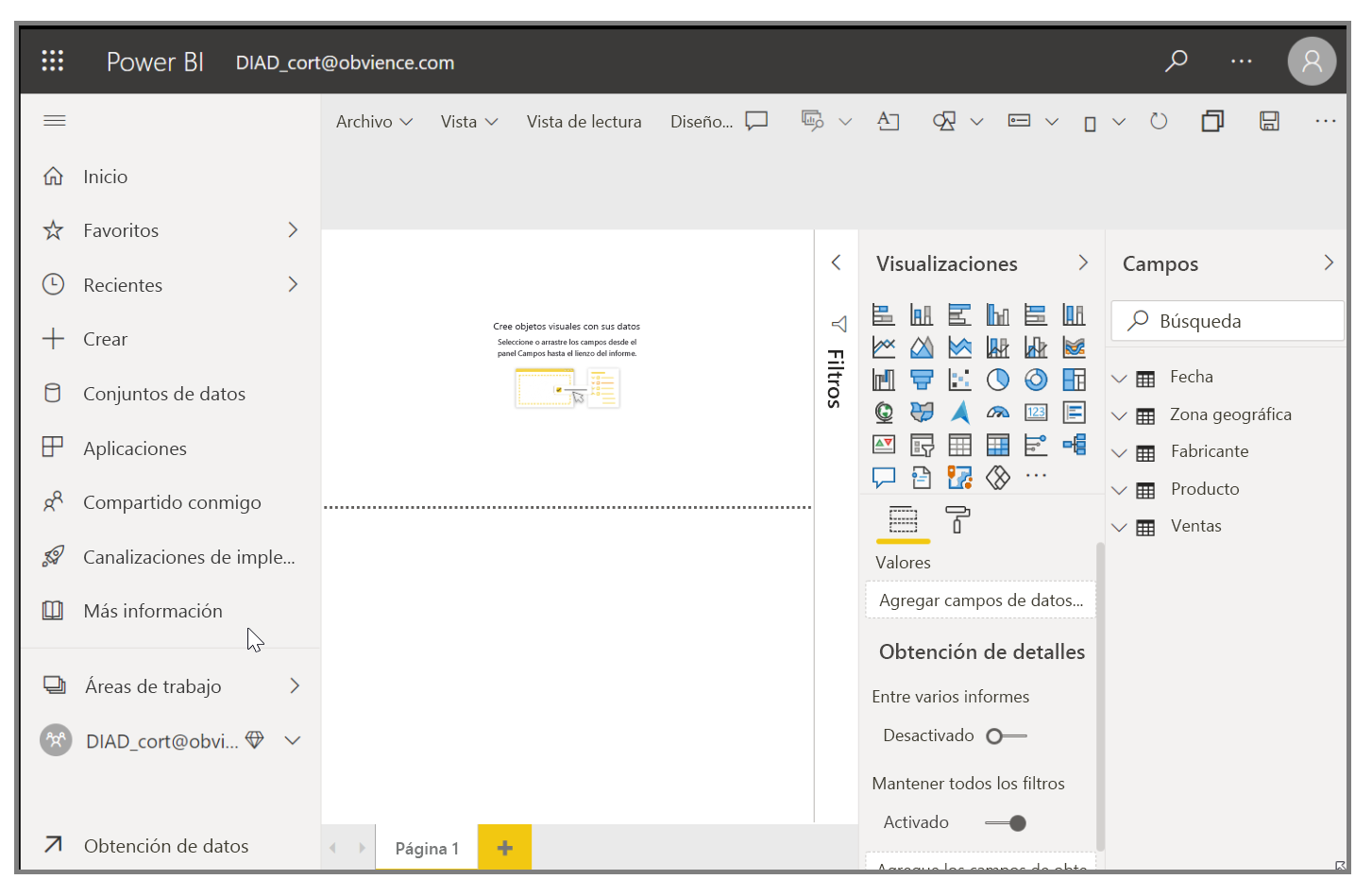 Captura de pantalla de Power BI con un panel importado