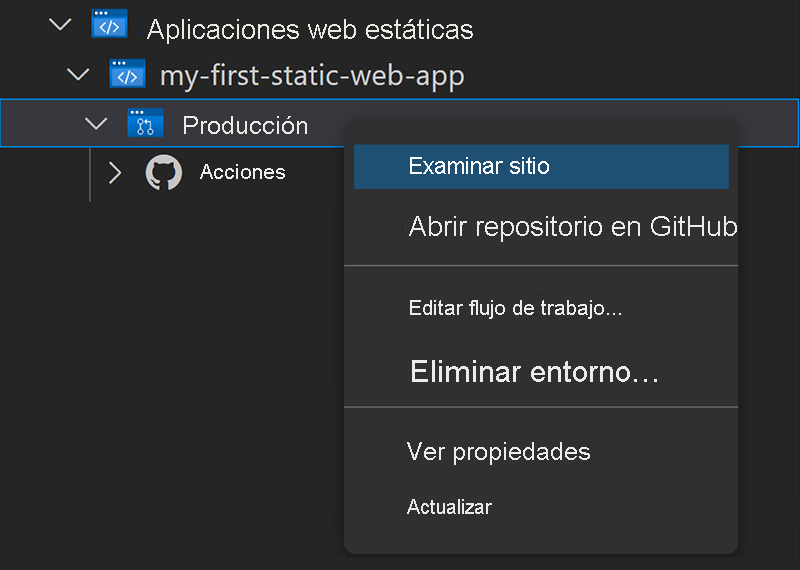 Screenshot showing how to use the Visual Studio Code extension to browse the static web app.