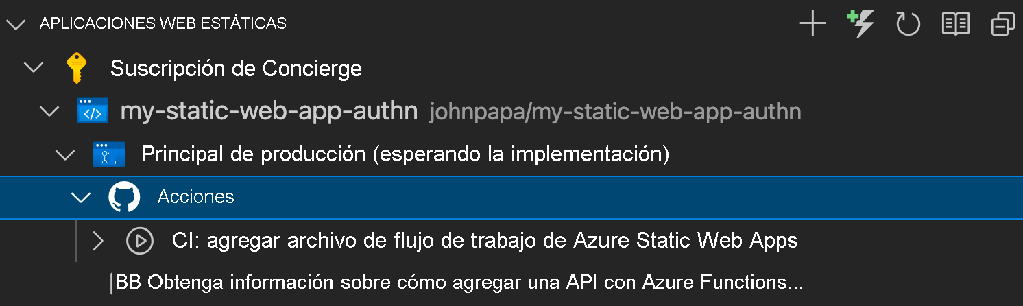 Captura de pantalla que muestra el menú Acciones de GitHub en VS Code.