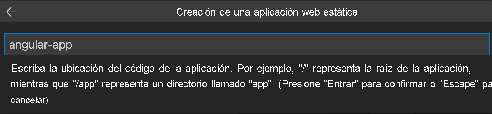 Captura de pantalla que muestra la ubicación del código de la aplicación de Angular.