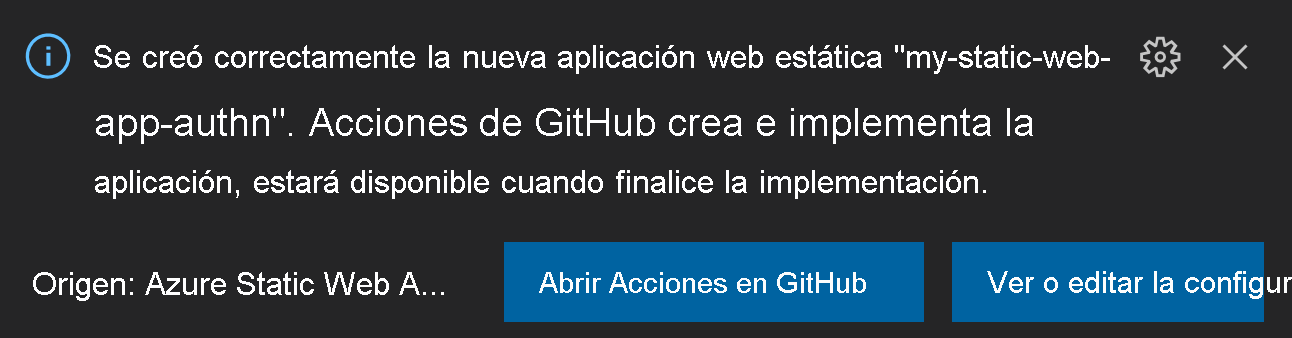 Captura de pantalla que muestra la ventana emergente Abrir acciones en GitHub o Ver o editar configuración.