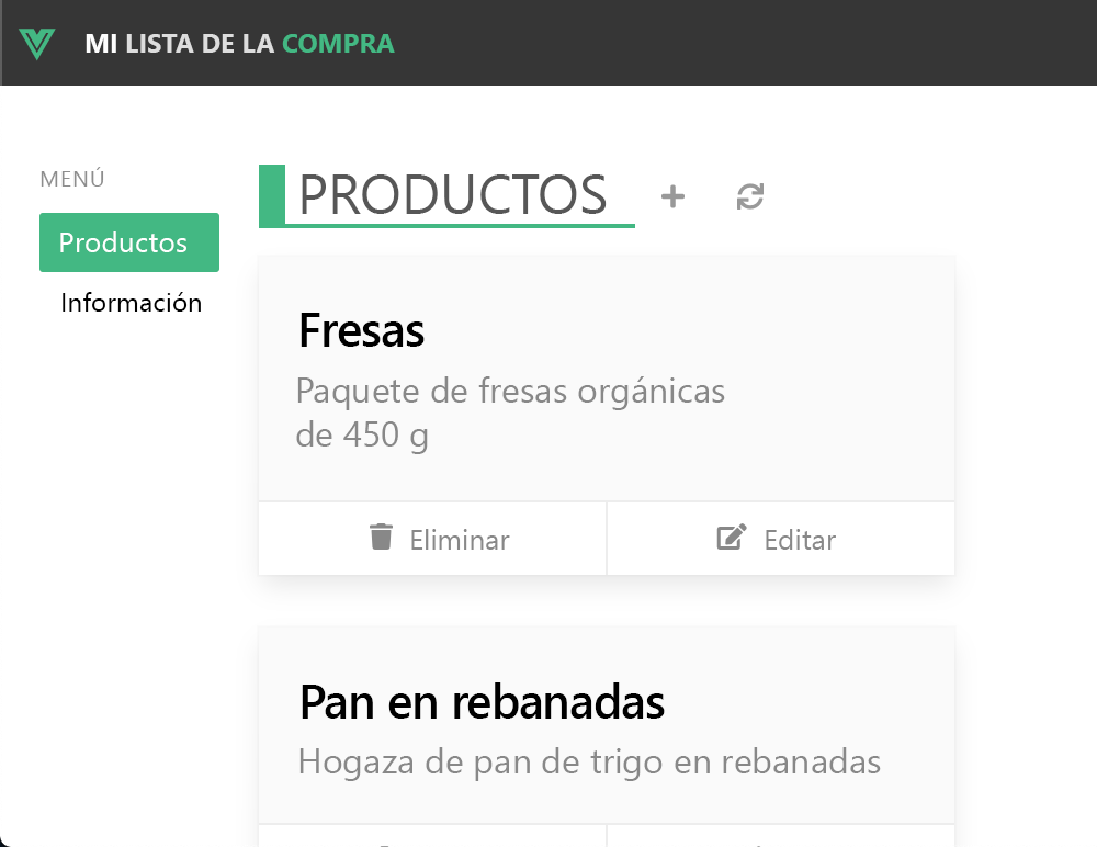 Captura de pantalla que muestra la UI de su aplicación web Vue.