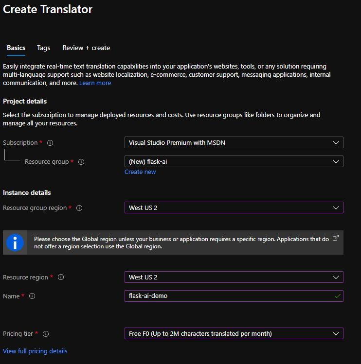 Captura de pantalla que muestra el formulario de creación de Translator.