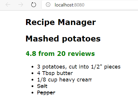 Screenshot of list of ingredients.