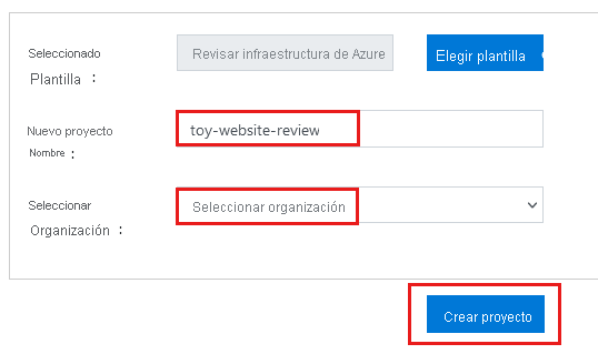 Captura de pantalla en la que se muestra la creación de un proyecto mediante el generador de demostraciones de Azure DevOps.