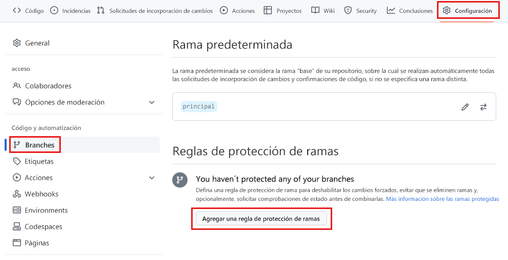 Captura de pantalla de GitHub que muestra la página para agregar reglas de protección de rama, con el botón para agregar una regla resaltada.