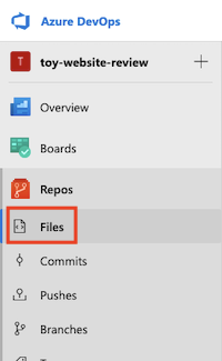 Captura de pantalla de Azure DevOps en la que se muestra el menú Repos (Repositorios) con la opción Files (Archivos) resaltada.