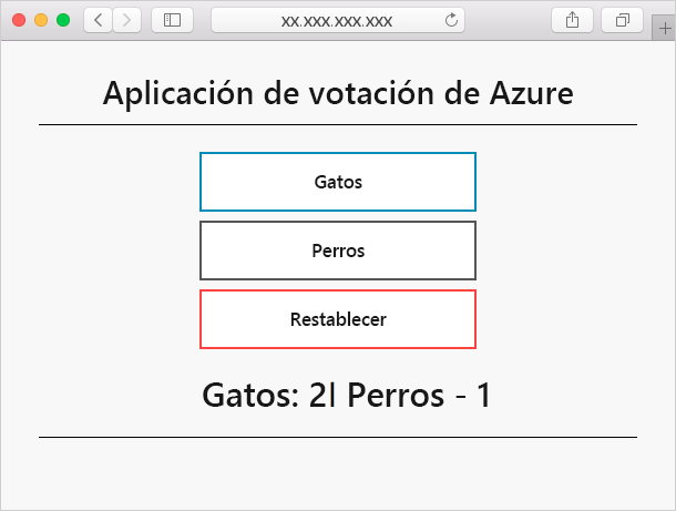 Captura de pantalla en la que se muestra la aplicación de votación de Azure con dos opciones en un explorador. Gatos y perros.