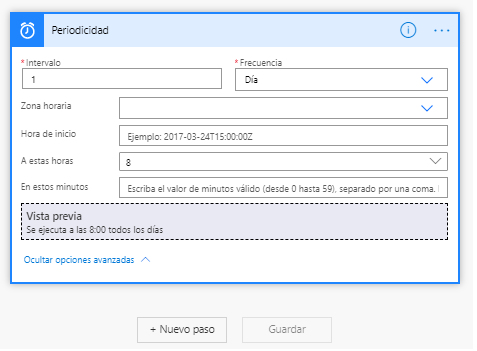 Ajustes de recurrencia con Intervalo establecido en 1 y Frecuencia establecida en Día. La vista preliminar se ejecuta a las 8:00 todos los días.