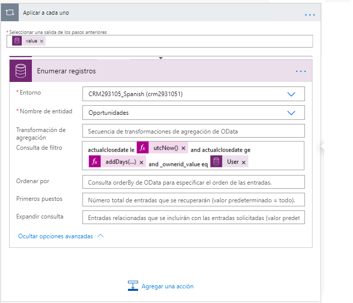 La consulta de filtro se establece en actualclosedate le utcNow() y actualclosedate ge addDays(...) y _ownerid_value eq User.