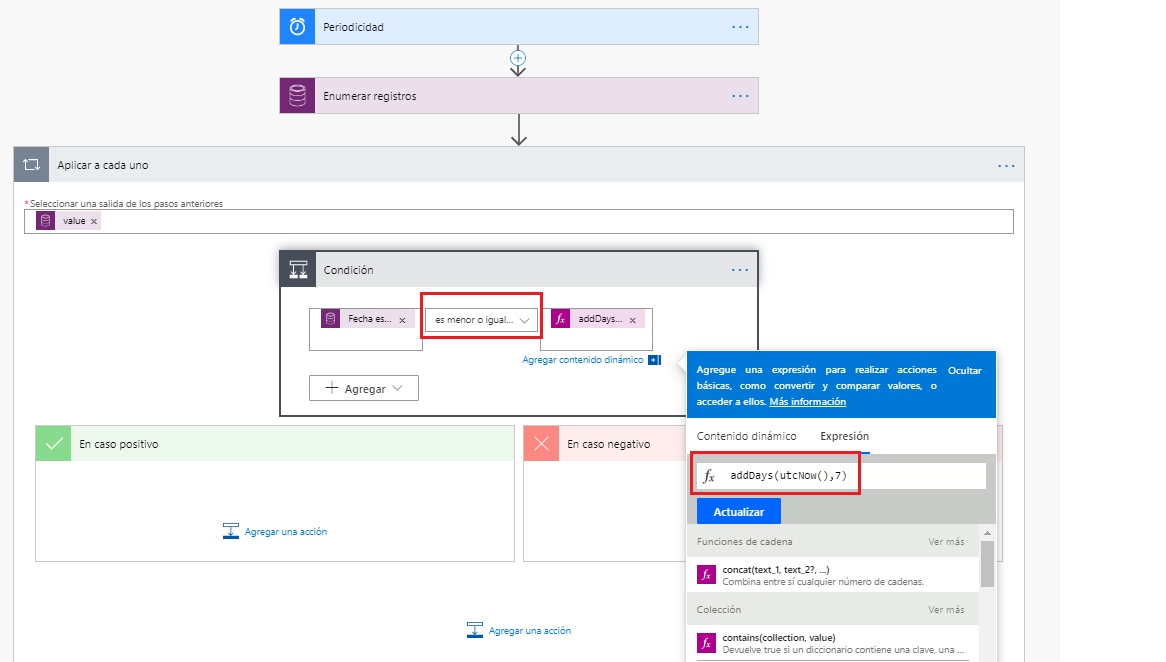 La condición de cierre se establece en menor o igual que, y addDays(utcNow(),7) está en la pestaña Expresión del contenido dinámico.