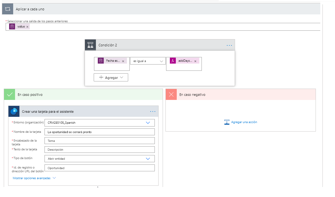 Crear tarjeta para el asistente 2 es la acción para la condición En caso positivo.