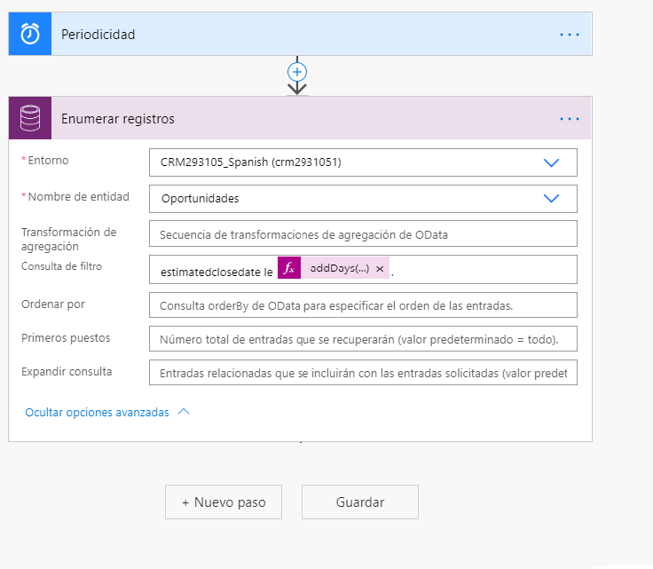 La consulta de filtro está configurada en estimatedclosedate le addDays(...).