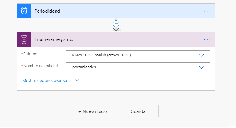 La acción Listar registros tiene el nombre de tabla establecido en Oportunidades.