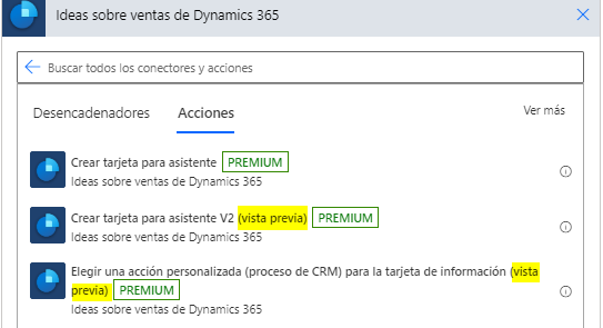 Dynamics 365 Sales Insights en la pestaña Acciones de la búsqueda que muestra la vista preliminar de acciones definidas de forma personalizada.